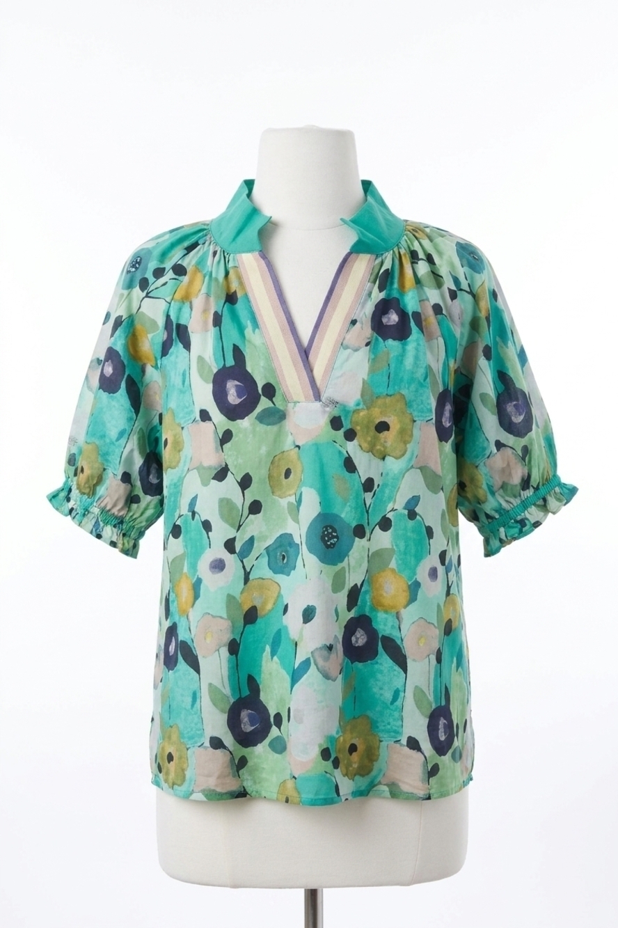 NEW UMGEE floral split neck puff sleeve top in jade